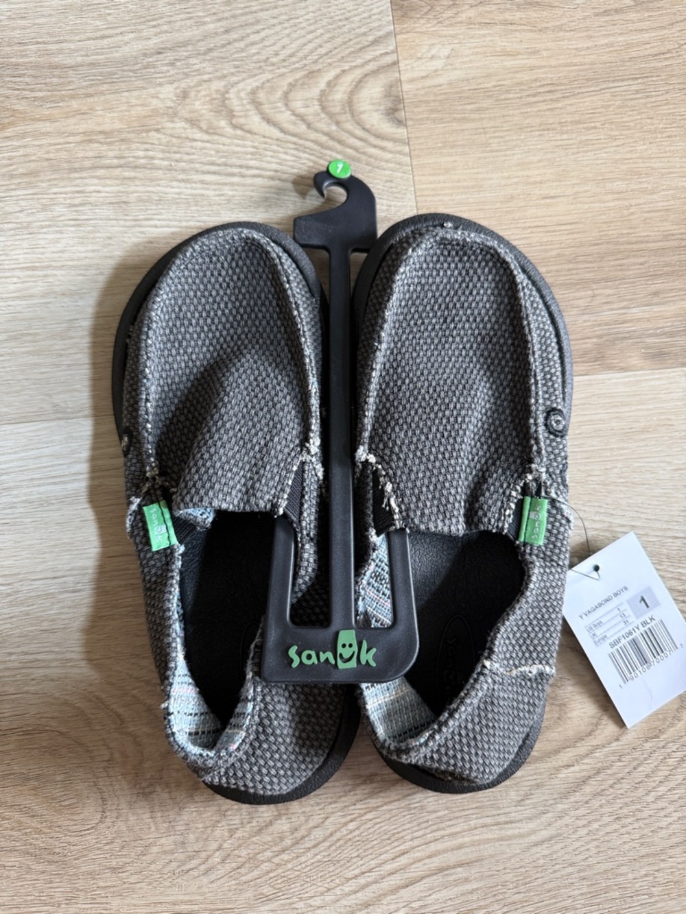 Sanuk Kids Gray Canvas Slip-Ons with Green Tabs